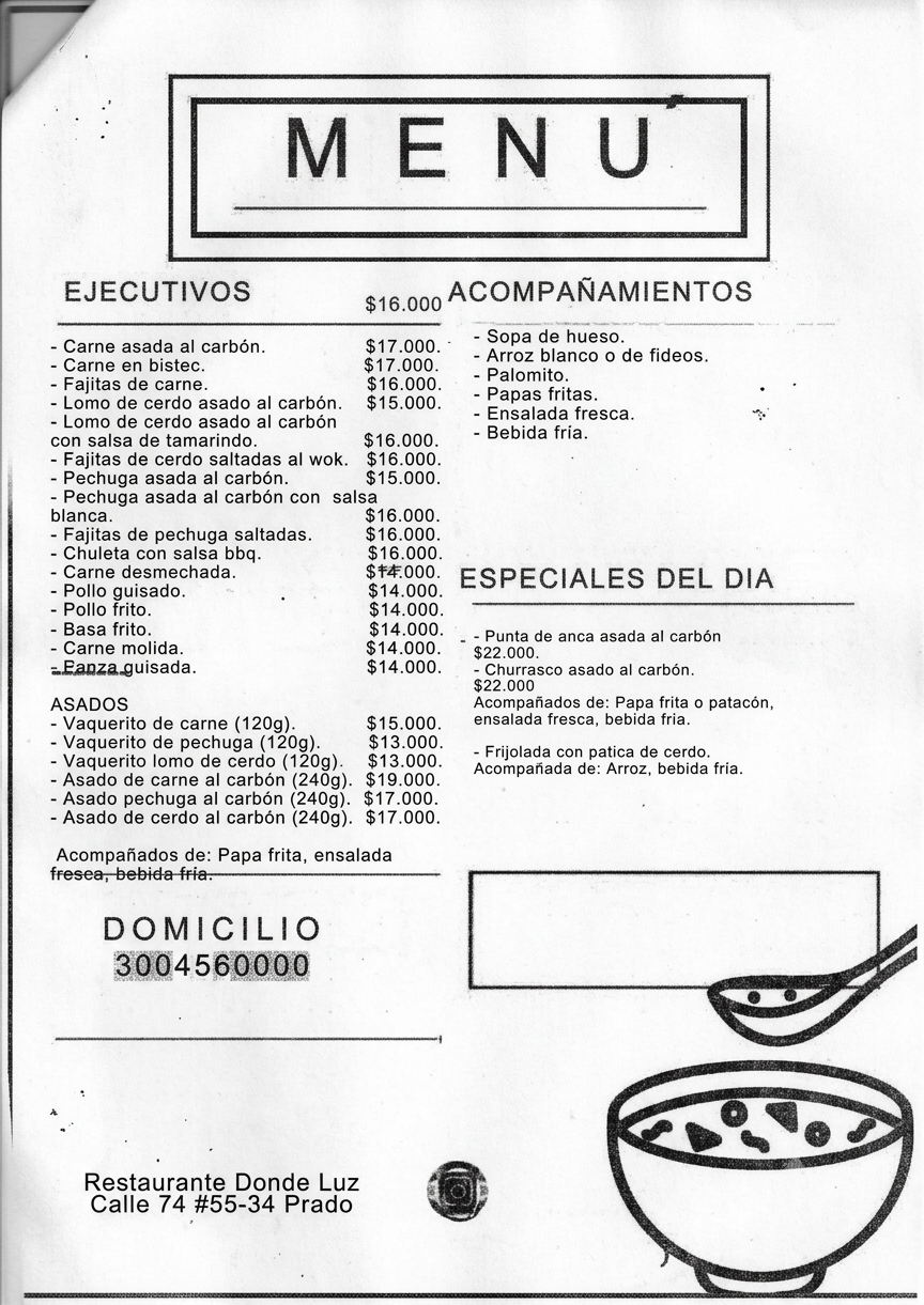 Menú impreso en fotocopia