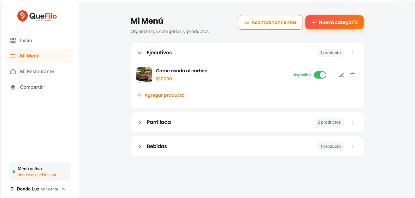 Panel de administración QueFilo